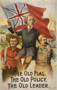 Art featuring John A. Macdonald atop the shoulders of two workers, holding the Canadian Red Ensign