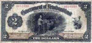 Bill reading "Government of Newfoundland", "Two Dollars", with images of miners and a caribou