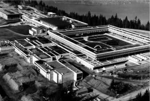 Aerial view of large, wide buildings on a university campus