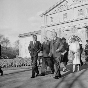 Black and white photo of a group walking together
