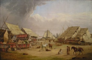 Art depicting people and horses in a camp