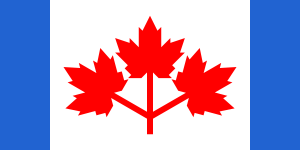 A flag with blue bars at the sides and three red maple leaves in centre