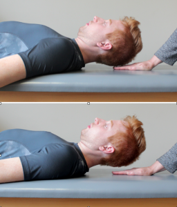 Two-panel photo of a patient (waist up, lateral view) lying on their back. Top panel: The patient has a mark on the front of the neck. The patient's head is lifted approximately 2.5 cm off the table, and the clinician's hand is palm down on the table under the patient's head. Bottom panel: The patient's head is further lifted off the table, and the mark on the neck is somewhat obscured by the skin fold. Clinician maintains hand position under patient's head
