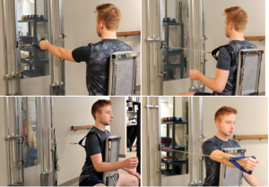 Four-panel photograph showing a patient using a stationary tension dynamometer. Top images, patient is shown from the back seated in front of a pulley system with left arm extended to the pulley handle (top left) and with the pulley handle looped around his left shoulder (top right). Bottom images, patient is shown from the front, seated with his back to the pulley system. Patient is using his right shoulder (bottom left) and his right hand (bottom right) to engage the pulley system