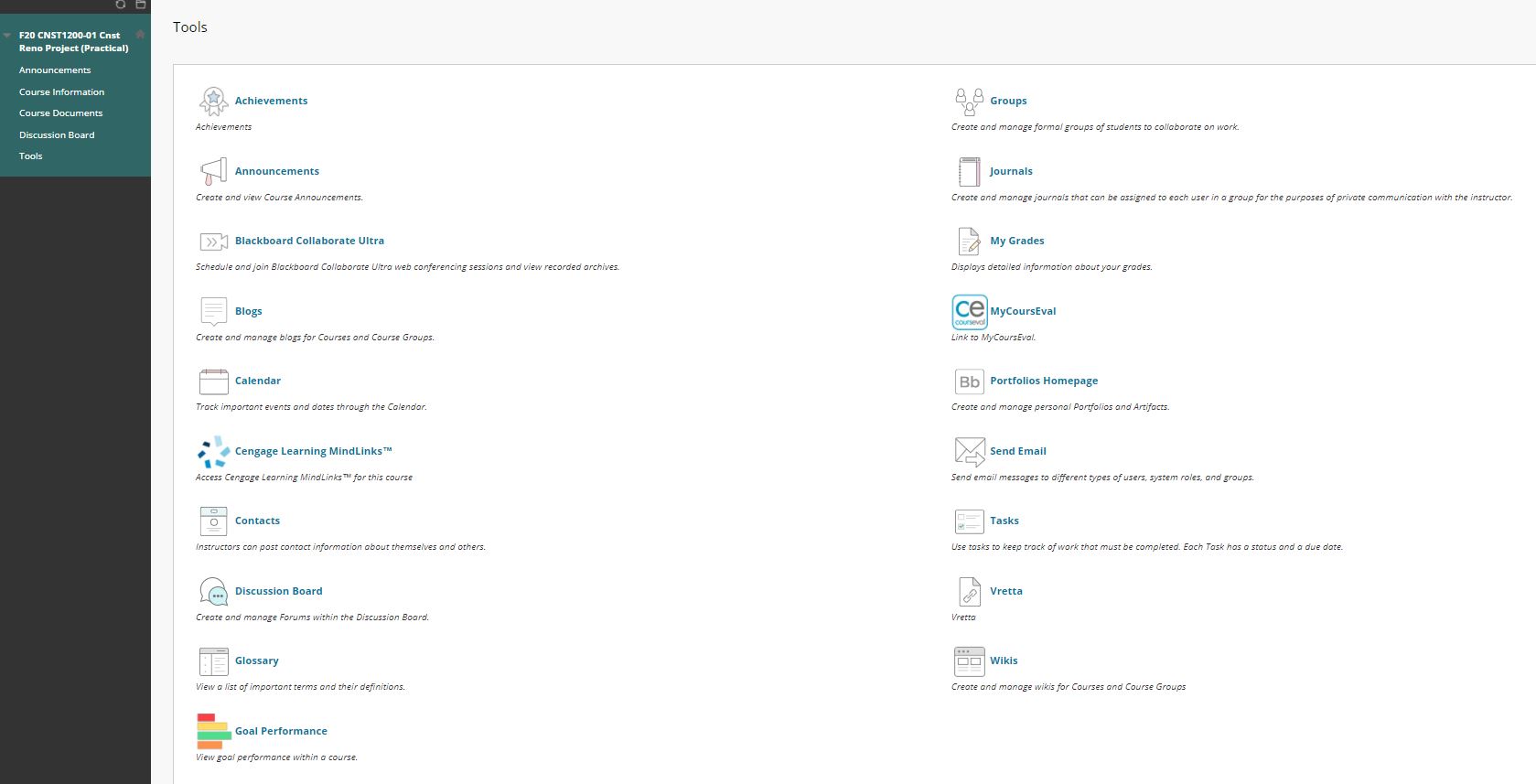 Screenshot of Blackboard Tools Menu