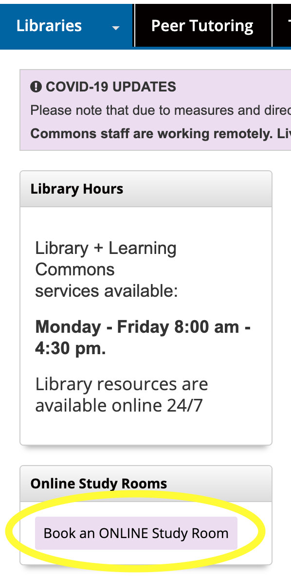 Screenshot of library homepage with book an online study room button highlighted
