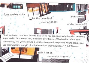 Fourty to Sixty Units collage: text says- and we found that with fourty to sixty units you can know whether that person is supposed to be there or not, especially over time....which adds safety, adds community, and you can build a lot of community supports where people can use their abilities and gifts for the benefit of their neighbours- image shows different rooms within an urban building.