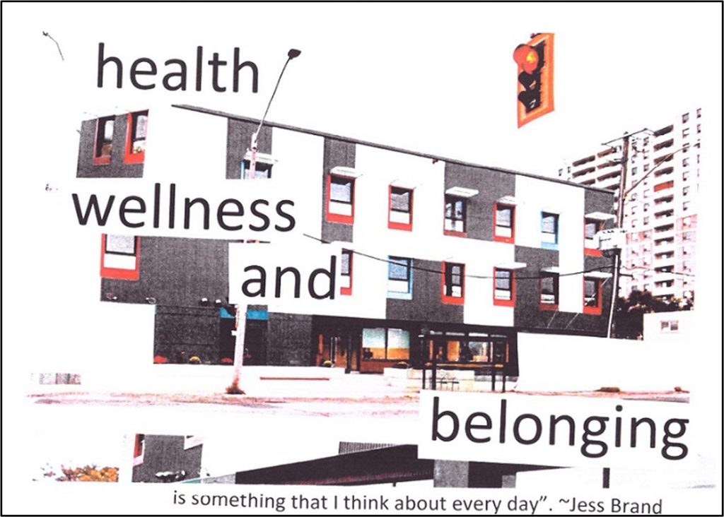 Health, Wellness and Belonging collage- health wellness and belonging is something that I think about everyday. The collage features this text and a picture of a large modern looking building.