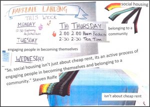 Parkdale Landing collage: So social housing isn't just about cheap rent, its an active process of engaging people in becoming themselves and belonging to a community is the text. Image shows a bed with a rainbow striped afghan and a bulletin board- symbolizing belonging and home.