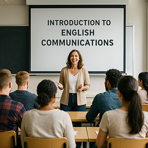 Instructor in front of a class with "Introduction to English Communications" on the board in the background.