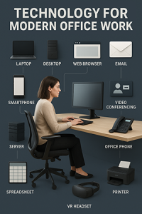 Infographic of a modern office worker surrounded by technology: laptop, desktop computer, web browser, email, video conferencing, office phone, printer, VR headset, spreadsheet, server, and smartphone