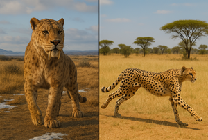 On the left, a saber-tooth cat from the late Pleistocene looking powerful and majestic; on the right, a cheetah running on the modern-day African savannah