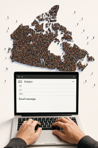 Illustration of someone about to write an email with the whole of Canada in the background.
