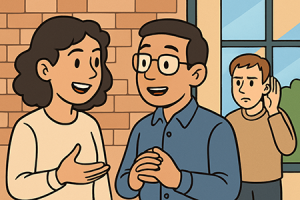 Two people converse in the foreground while a background eavesdropper listens in.