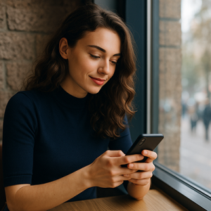 A college student texts on her smarphone near a window at a café.