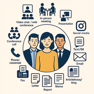 Infographic of employees surrounded by a circle of communication channels, including in-person meeting, presentation, social media, text/IM, email, article/essay/blog, memo, report, letter, fax, phone/voicemail, conference call, and video chat / web conference