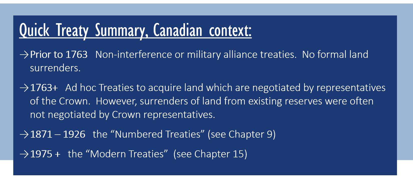 Quick Treaty Summary, Canadian context: Prior to 1763   Non-interference or military alliance treaties.  No formal land surrenders. 1763+   Ad hoc Treaties to acquire land which are negotiated by representatives of the Crown.  However, surrenders of land from existing reserves were often not negotiated by Crown representatives. 1871 – 1926   the “Numbered Treaties” (see Chapter 9) 1975 +   the “Modern Treaties”  (see Chapter 15)