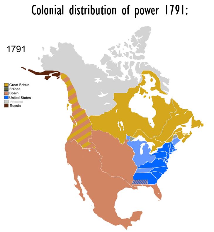 This map of North American shows that in 1791, the eastern United States was independent of Great Britain; however, Spain still controlled Florida and all the rest of the coastline west of Florida. Spain controlled Mexico and most of what are now central and west states of the US. Spain and Britain were rivals for the northwest coast of what are now Canada and the United States, while Russia controlled the southern coast of Alaska. Britain controlled the middle part and eastern part of what would become Canada, and some parts of what would become northern states of the US.