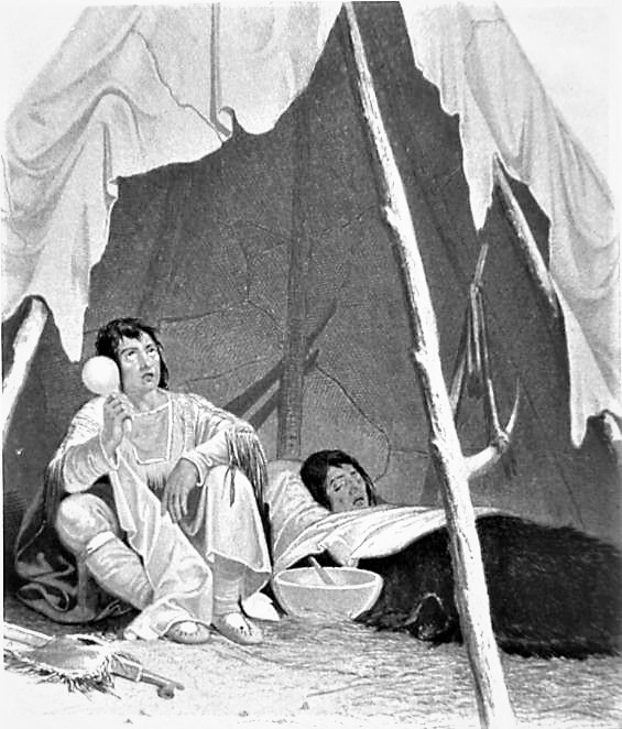 Engraving showing a Native American medicine man caring for an ill Native American 1857. Credits to: Captain Samual Eastman/National Library of Medicine