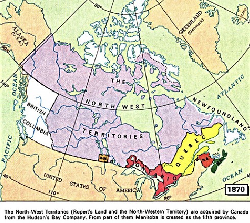 This map shows Canada in 1870 as being comprised of all of modern Canada except British Columbia, Newfoundland, and some of the Arctic Islands. The only named provinces are, from east to west: Nova Scotia, Prince Edward Island, New Brunswick, Quebec, Ontario, and Manitoba. Quebec was only about one-third its present size, having not spread sufficiently northward yet. Similarly, Ontario did not extend very far above the Great Lakes. Manitoba was only a small area below Lake Winnipeg, a fraction of what it would become.