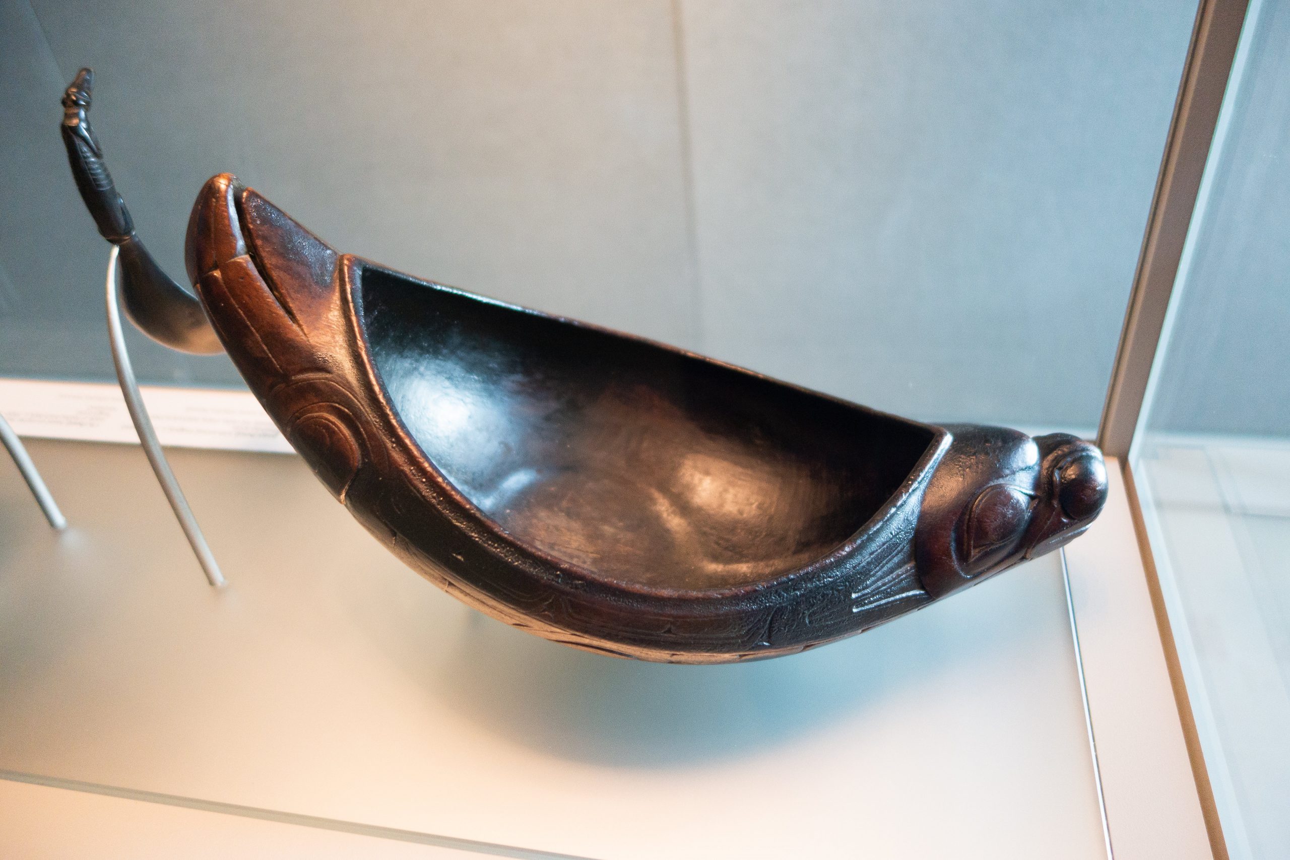 Eulachon Grease Bowl shaped as a seal 1790 (Haida Nation feast bowl). Photo credits to: Thomas Quine. Credits to: UBC, Museum of Anthropology, Vancouver, British Columbia, Canada, 2017 (
