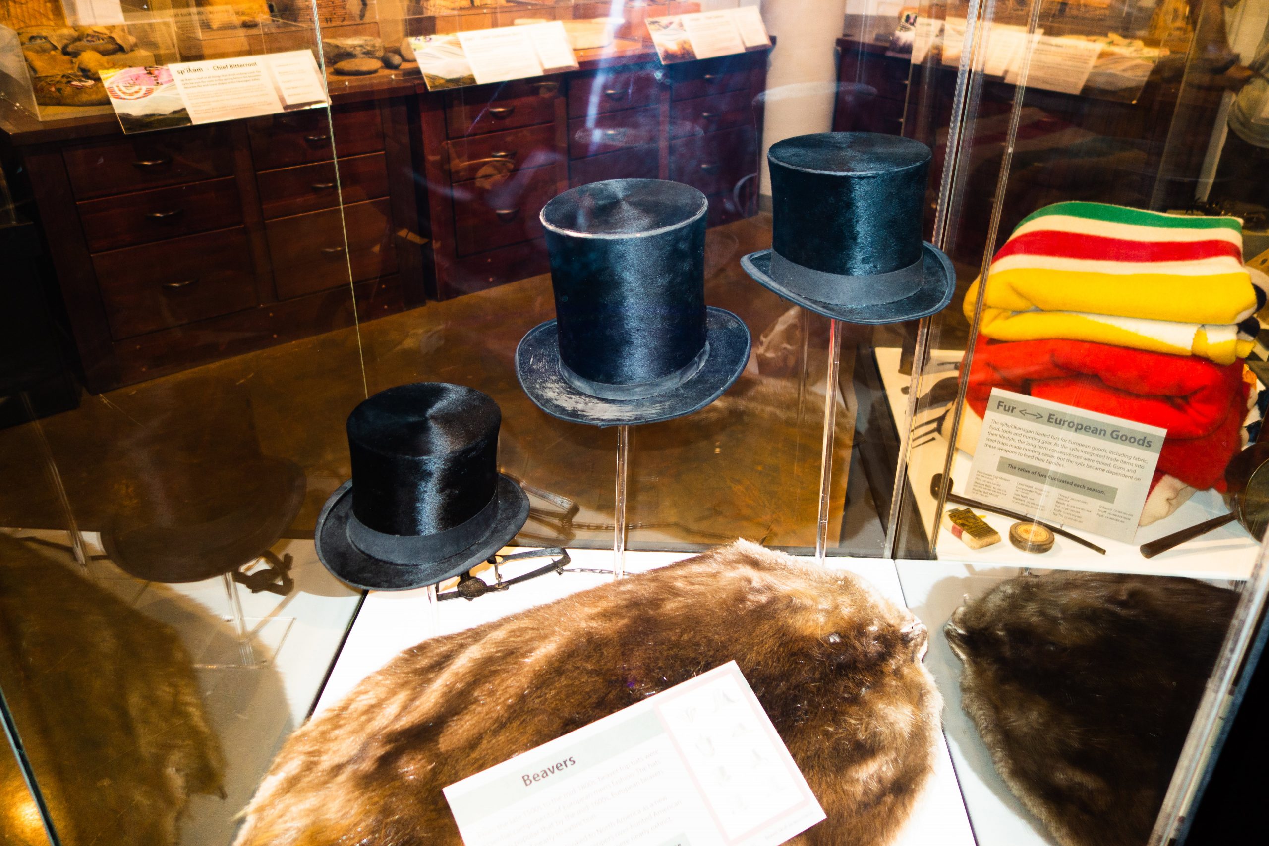 Antique Beaver Top Hats, made in the late 1830’s. Kelowna Heritage Museum, Kelowna, British Columbia.