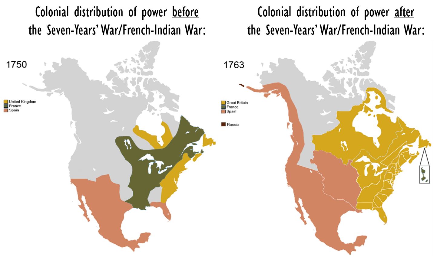 The first map of North America shows the colonial distribution of power in 1750. Spain controls Mexico, Florida, some of what is now the southern United States and California. In the second map of North America, for 1763, Spain has expanded its influence up the Pacific Coast and through the coast of Alaska; it also controls most of the western half of what is now the United States. France in 1750 controlled a great swath from what is today Quebec and Labrador down through the Great Lakes, up to Lake Winnipeg, and down the Mississippi River to the Gulf of Mexico, interrupting the Spanish hegemony. In 1763, however, France's influence was limited to a few small islands near Newfoundland. Its territory had all been taken by Great Britain, which added Florida and all the land north of Florida not occupied by Spain. In 1763 Britain also controlled what is now Canada west to the Rocky Mountains, northwest around Hudson Bay, and up to the Atlantic Coast. In 1750, Great Britain had controlled only a region around the bottom half of Hudson Bay and around James Bay, also Newfoundland, Nova Scotia, and the Atlantic Coast south of Nova Scotia to Florida.