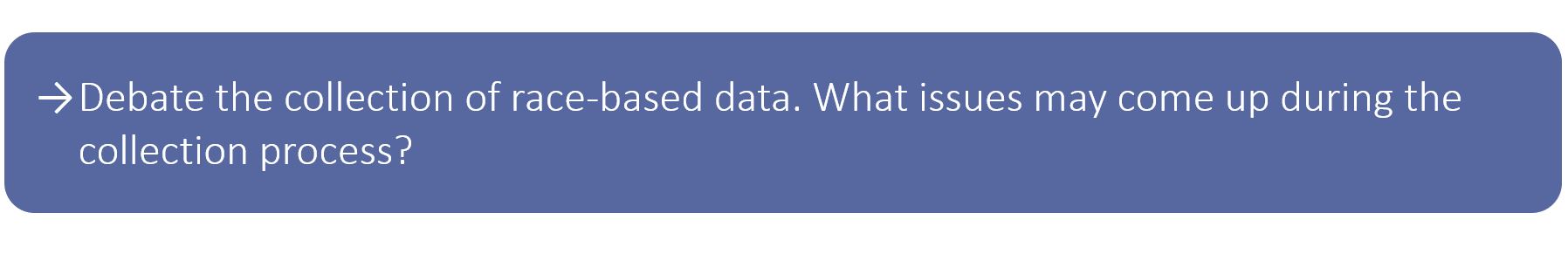 Debate the collection of race-based data. What issues may come up during the collection process?