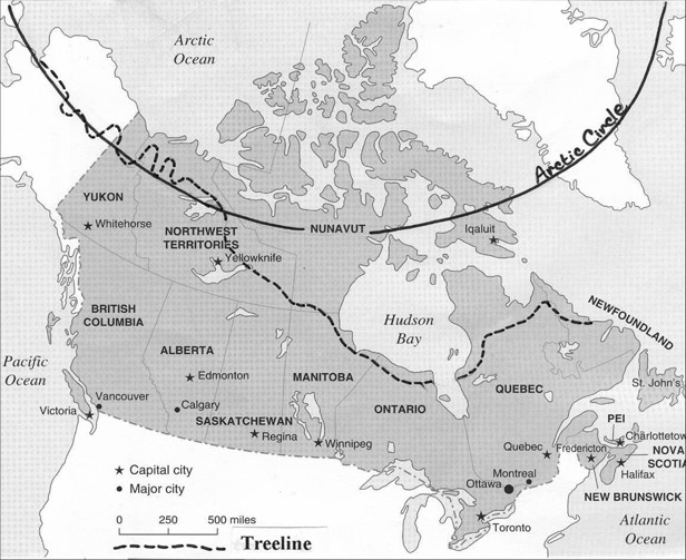 A map of Canada depicting the tree line. Beginning at the west of the map, the tree line is about 30% down from the north coast of Alaska. It continues on through Yukon and the eastern portion of the North West Territories, moving up and down quite jaggedly, on average about 15% down from the coast. It hugs the north shore of Great Bear Lake, then heads almost due south to Great Slave Lake. Above Great Slave Lake it begins to head south east and continues southeast until it is hugging the shore of Hudson Bay. Not deviating from its course because of James Bay, the tree line continues across James Bay and hugs the southeast portion of Hudson Bay. About 40% of the way up Hudson Bay 's shore it starts going more east than north . It clips the top portion of Quebec and the top portion of Labrador.