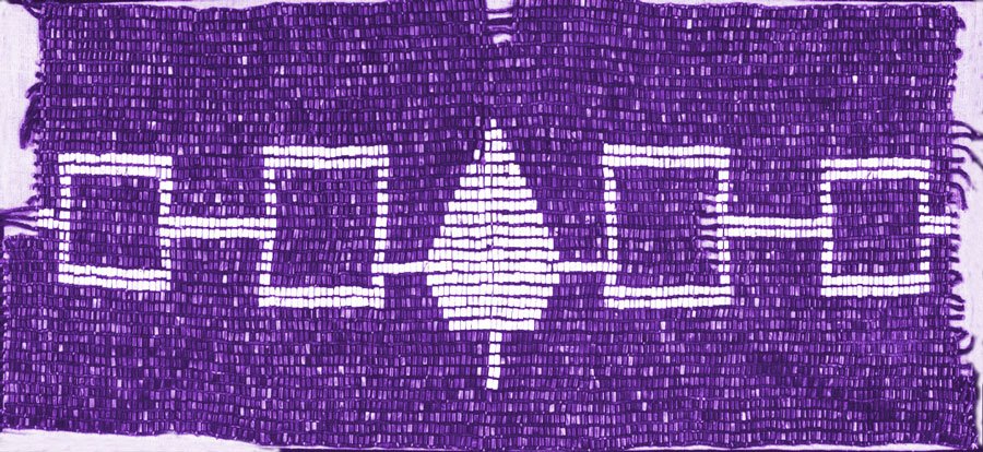 This wampum belt, known as the Hiawatha belt, represents the coming together of the Seneca, Cayuga, Onondaga, Oneida and Kanien’kehá:ka (Mohawk) to form the Haudenosaunee. The first example, no longer surviving, would have been made at the time of this treaty, perhaps 1450 AD. Photo credit: CUPE Ontario [21]