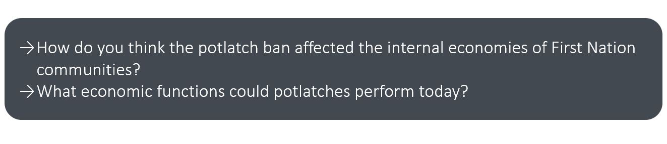 How do you think the potlatch ban affected the internal economies of First Nation communities? What economic functions could potlatches perform today?