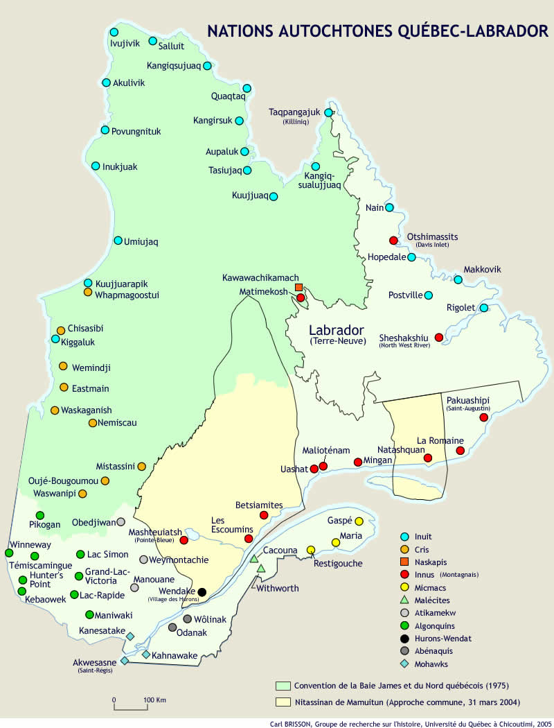 Map of Indigenous Nations, Quebec & Labrador (2005). Map credits to: Carl Brisson (Historical Research Group, University of Quebec at Chicoutimi)/Electronic Atlas of Saguenay-Lac-Saint-Jean