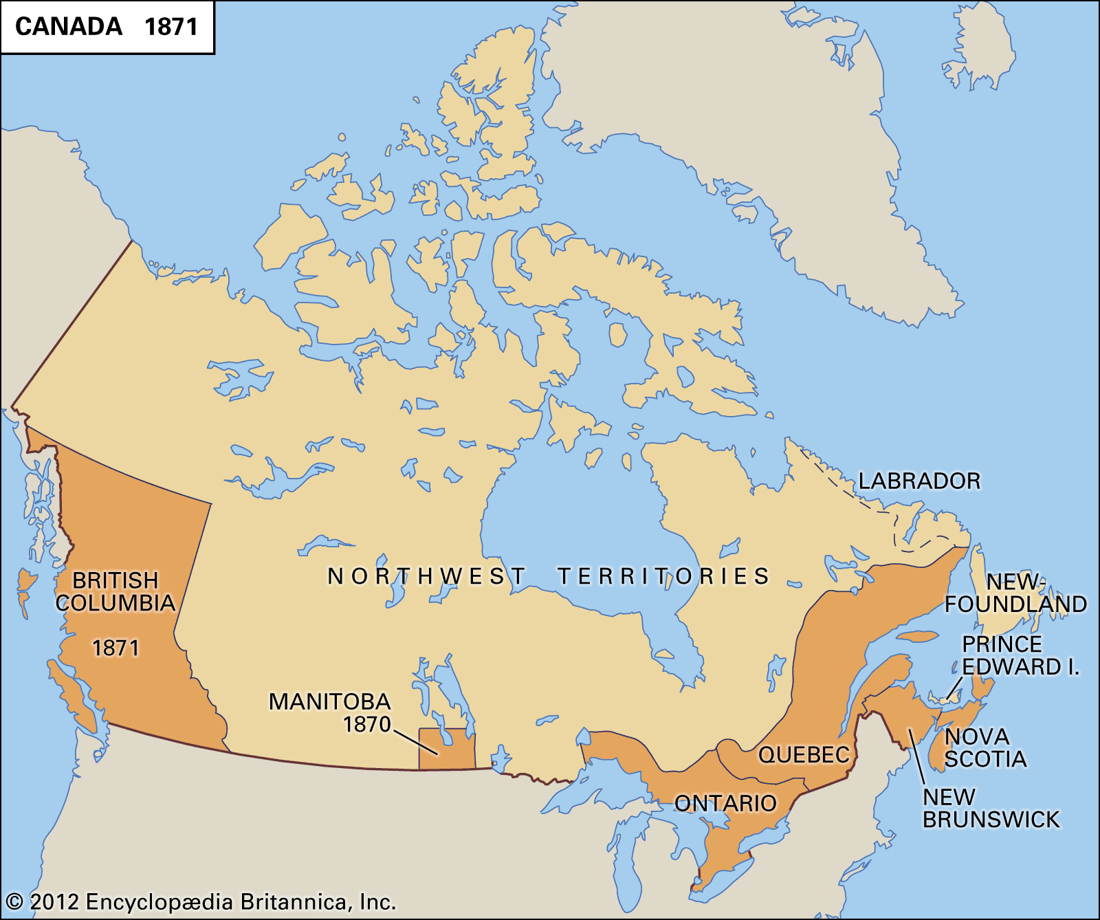 This map of Canada in 1871 shows Canada covering the same area it does today. The only named provinces are Nova Scotia, Prince Edward Island, New Brunswick, Quebec, Ontario, Manitoba, and British Columbia. While British Columbia came into Confederation fully-sized, Manitoba, Ontario, and Quebec were much smaller than they are today. There was nothing in between Manitoba and Ontario, or between Manitoba and British Columbia, but "Northwest Territories", which was for the most part wilderness.