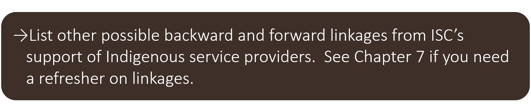 List other possible backward and forward linkages from ISC’s support of Indigenous service providers.  See Chapter 7 if you need a refresher on linkages.