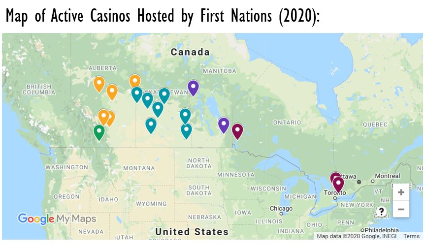 This map shows one casino in BC, five in Alberta, seven in Saskatchewan, two in Manitoba, and three in Ontario.
