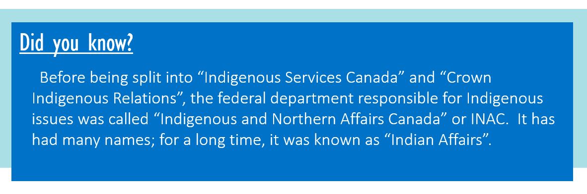 Did you know? Before being split into “Indigenous Services Canada” and “Crown Indigenous Relations”, the federal department responsible for Indigenous issues was called “Indigenous and Northern Affairs Canada” or INAC. It has had many names; for a long time it was known as “Indian Affairs”.