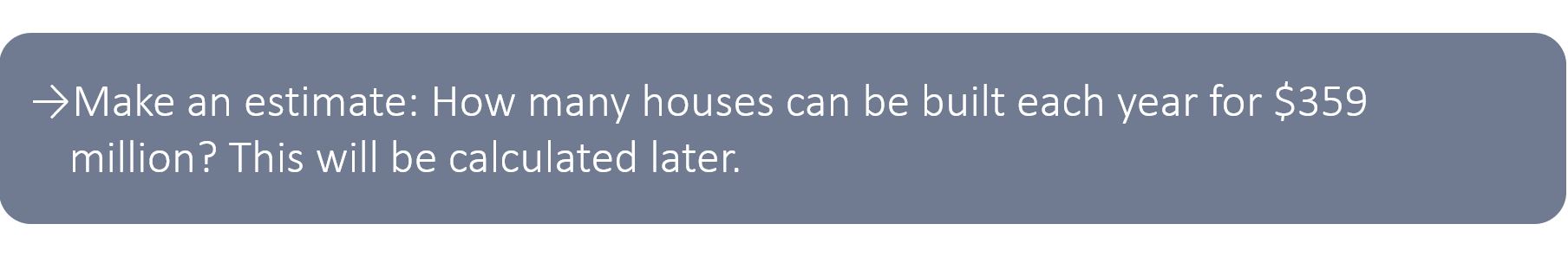 Make an estimate: How many houses can be built each year for $359 million? This will be calculated later on.