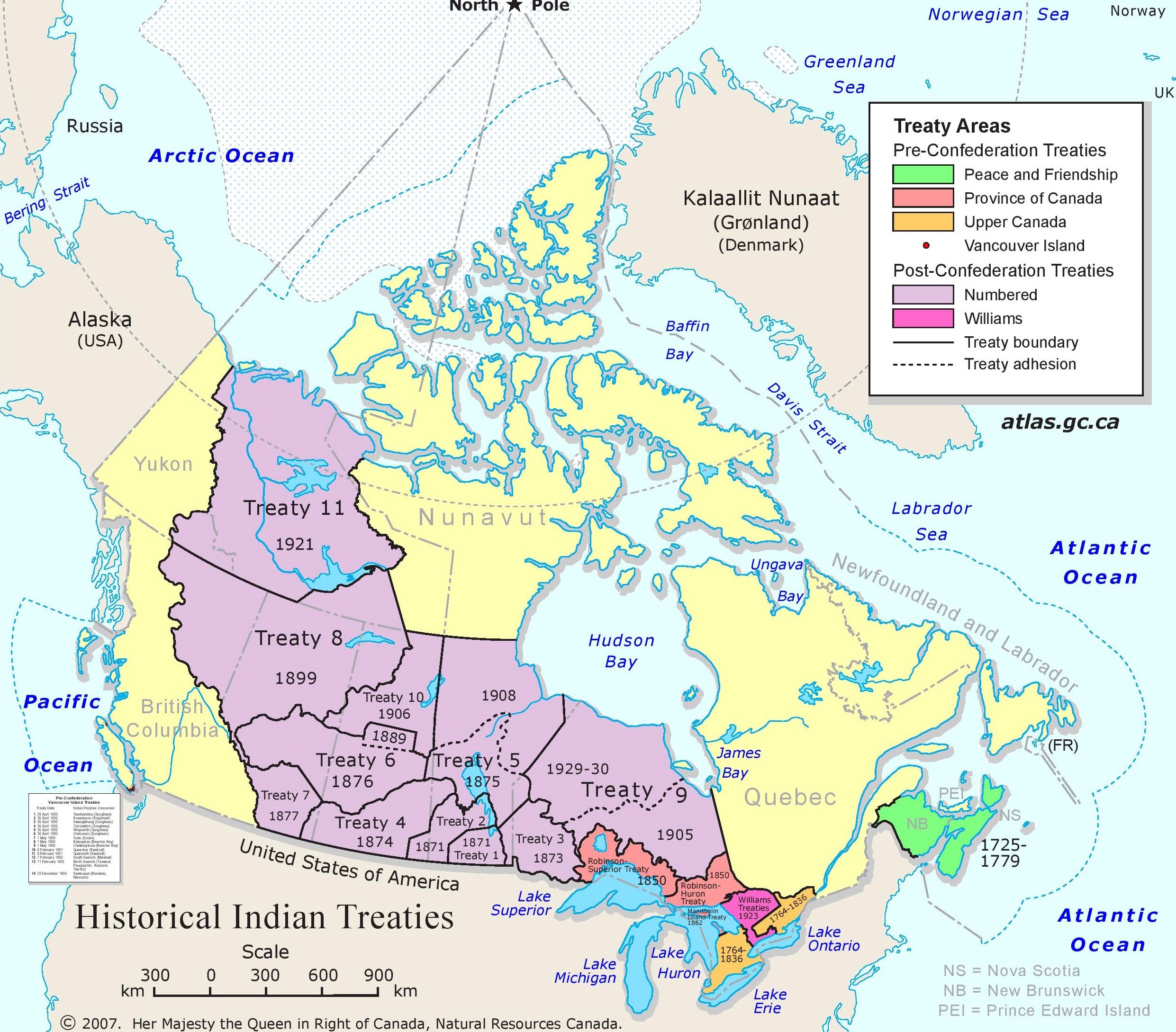 This map shows today's provincial and territorial boundaries in Canada, and the treaties that were made within them prior to 1975. Nova Scotia and New Brunswick are covered by Peace and Friendship Treaties. Ontario is covered with a patchwork of treaties, the largest by far being Treaty 9, which covers more than half of the province. Manitoba, Saskatchewan, Alberta, about half the Northwest Territories, and part of Yukon and British Columbia have numbered treaties. The areas which had no treaties prior to 1975 were Newfoundland, Quebec, the eastern part of the Northwest Territories, all the Arctic islands, most of the Yukon, and most of British Columbia.