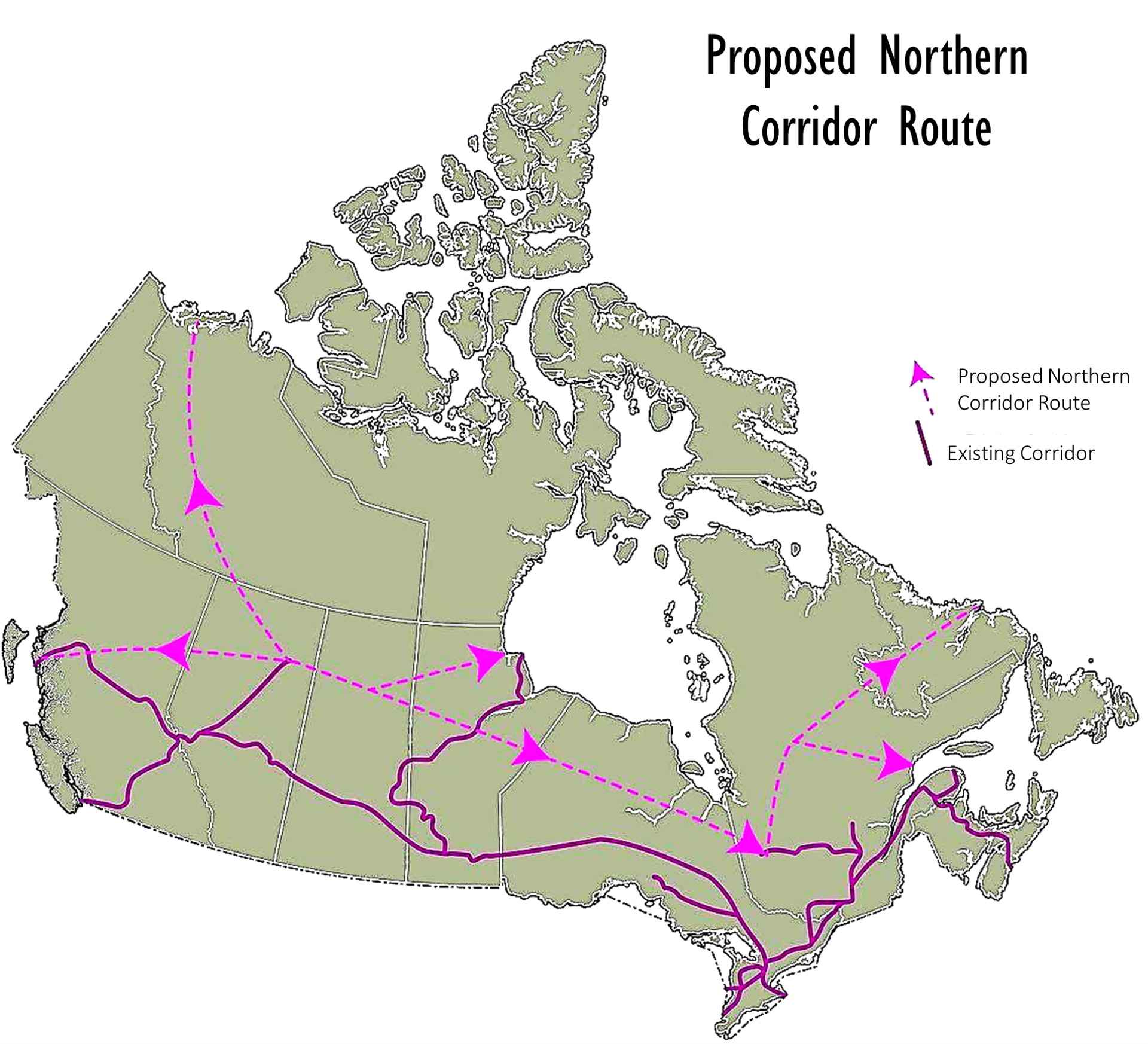 The map shows the propose routed roughly parallel to the exiting TransCanada highway, but significantly further north. It does meet up with the existing highway in Prince Rupert, and at other points. Spurs shoot off to Inuvik in the Northwest Territories, to Churchill in Manitoba, to Rigolet in Labrador, and to Sept-Iles, Quebec.