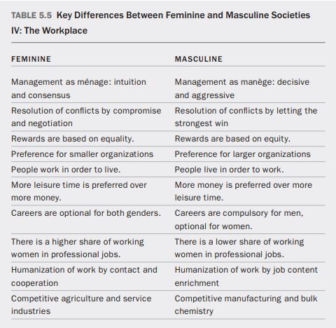 chart showing masculine and feminine dimensions in business