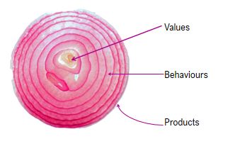 An onion with three parts labelled: the inner core is "values", the middle layer is "behaviours" and the outer layer is "products"
