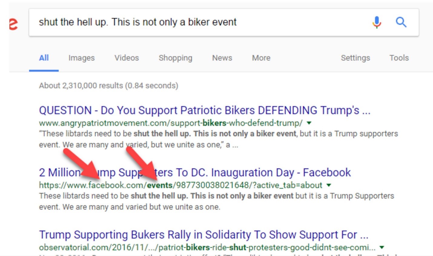 The Google search results for “shut the hell up. This is not only a biker event.” The second result (which the screenshot calls attention to) has a web address on Facebook and is in the subdirectory of “events.”
