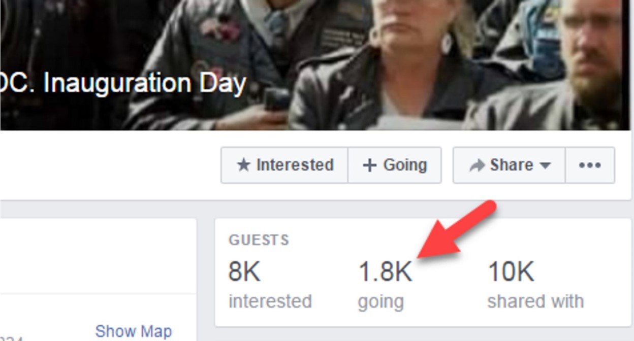 Facebook page showing only 1,800 have indicated that they are going to the biker event. In addition, only 8,000 are interested, and the page has only been shared with 10,000 people total