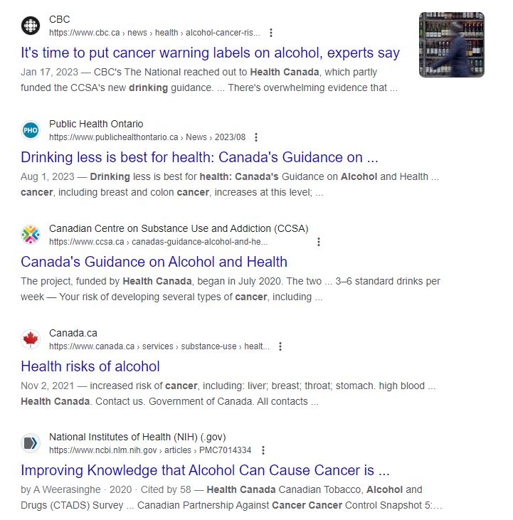 The Google search result for “'health Canada' alcohol and cancer.” The results contain news articles that cite Health Canada as well as links to government websites.