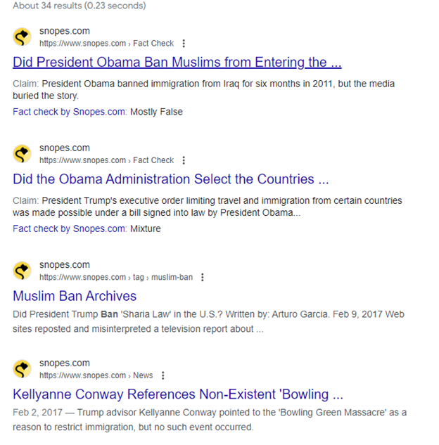 A set of Google search results limited to articles from the fact-checking site Snopes. The "fact check score" given in the first result is "mostly false" and the for the second result is "mixture".