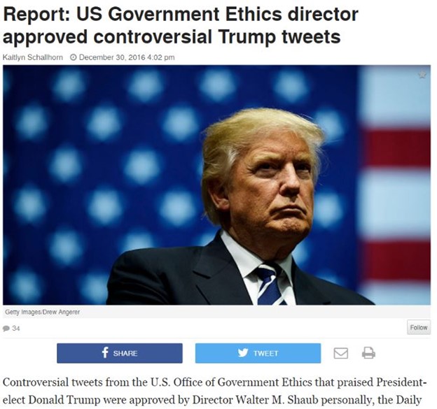 A story with the headline “Report: US Government Ethics director approved controversial tweets” over a picture of President Trump.