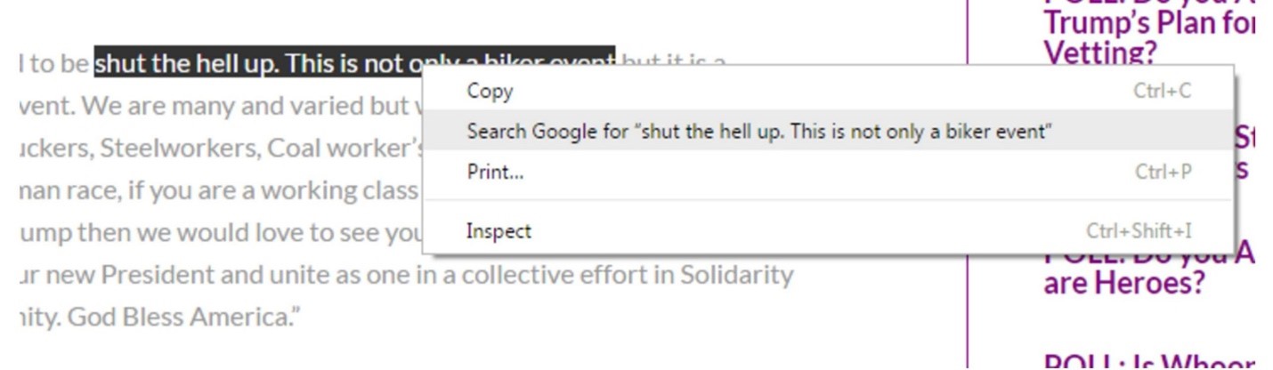 Screenshot of selecting “shut the hell up. This is not only a biker event.” The context menu offers an option to “Search Google for ‘shut the hell up. This is not only a biker event'”. Note that you could do this without using the context menu; just copy and paste the phrase into to a Google search box.