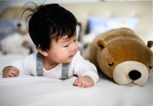 an infant lying on his belly looking at a stuffed animal