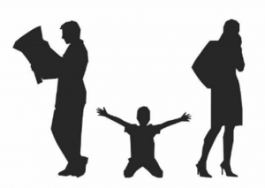 silhouette figures of a child on his knees with arms outstretched, a father figure facing the wall and a mother figure walking away.