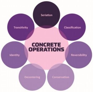 Image of the cognitive skills developed during the concrete operational stage. (seriation, classification, reversibility, conservation, decentering, identity, transitivity)